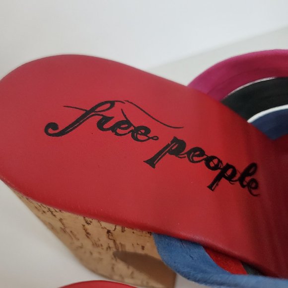 FREE PEOPLE Embroidered Woven  Leather Platform Slip Ons Cork Wedges Boho Mules - Picture 10 of 10